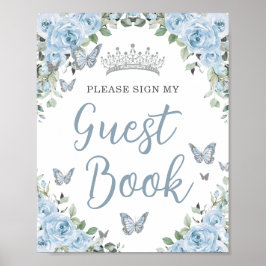 Baby Blauw Bloemen Vlinder Quinceañera Gastenboek Poster