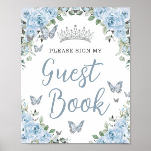 Baby Blauw Bloemen Vlinder Quinceañera Gastenboek Poster