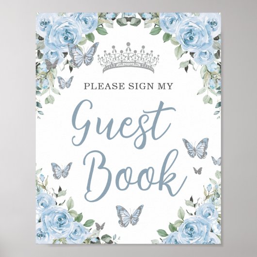 Baby Blauw Bloemen Vlinder Quinceañera Gastenboek Poster (Voorkant)