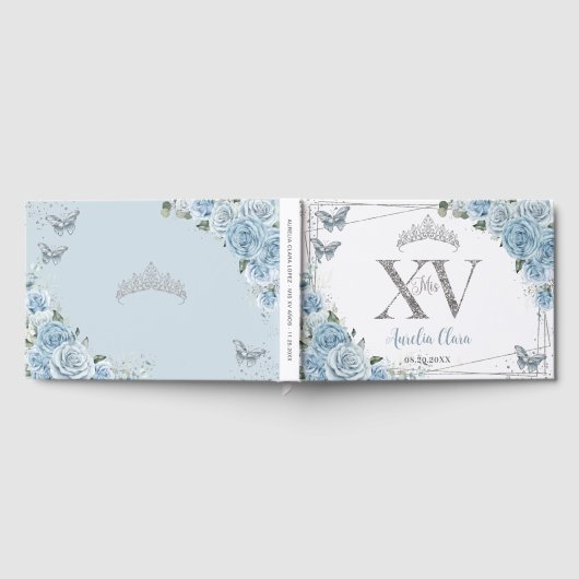 Baby Blauw Bloemen Vlinders Zilver Quinceanera XV Gastenboek (Volledig)