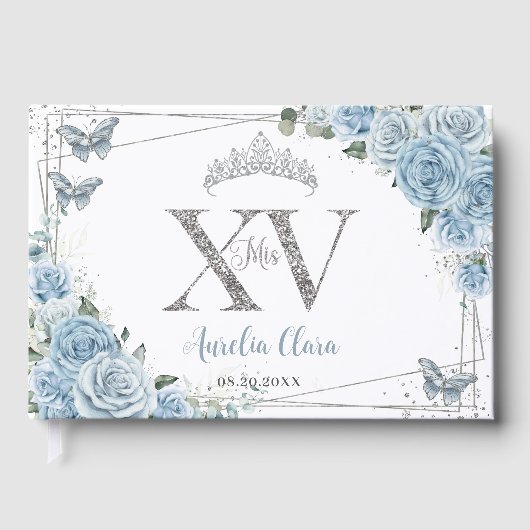 Baby Blauw Bloemen Vlinders Zilver Quinceanera XV Gastenboek (Voorkant)