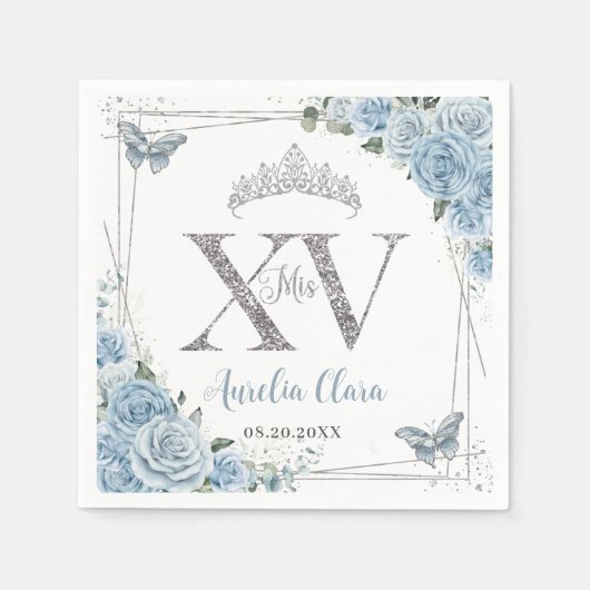 Baby Blauw Bloemen Vlinders Zilver Quinceañera XV Servet (Voorkant)