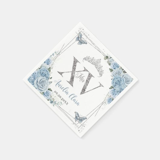 Baby Blauw Bloemen Vlinders Zilver Quinceañera XV Servet (Hoek)