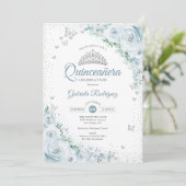 Baby Blauw Bloemen Waterverf Rozen Quinceanera Kaart (Staand voorkant)