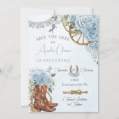 Baby Blauw Bloemen Wild West Charro Quinceanera XV Save The Date (Voorkant)