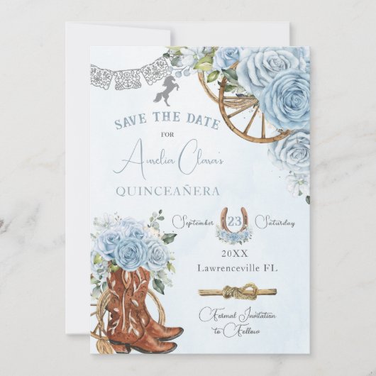 Baby Blauw Bloemen Wild West Charro Quinceanera XV Save The Date (Voorkant)