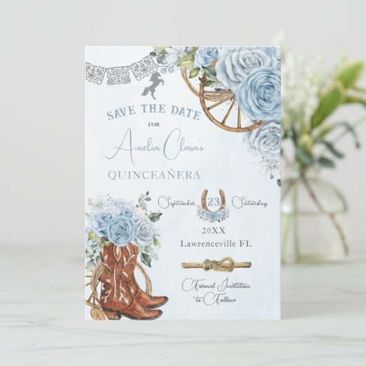 Baby Blauw Bloemen Wild West Charro Quinceanera XV Save The Date (Staand voorkant)