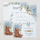 Baby Blauw Bloemen Wild West Charro Quinceanera XV Save The Date (Voorkant / Achterkant)