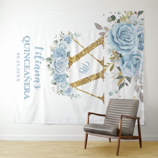 Baby Blauw Bloemen XV QUINCEAÑERA Quince 15 Achter Wandkleed (In Situ (horizontaal))