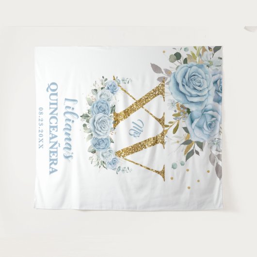 Baby Blauw Bloemen XV QUINCEAÑERA Quince 15 Achter Wandkleed (Voorkant (horizontaal))