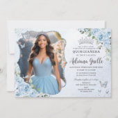Baby Blauw Bloemen Zilver Quinceañera 16e Afbeeldi Kaart (Voorkant)