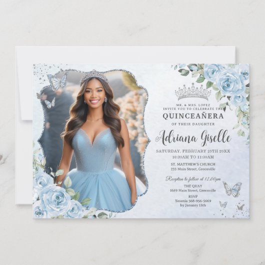 Baby Blauw Bloemen Zilver Quinceañera 16e Afbeeldi Kaart (Voorkant)
