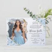 Baby Blauw Bloemen Zilver Quinceañera 16e Afbeeldi Kaart (Staand voorkant)