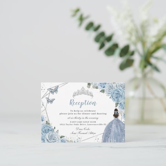 Baby Blauw Bloemen Zilver Quinceañera Receptie Informatiekaartje (Staand voorkant)