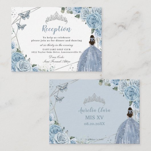 Baby Blauw Bloemen Zilver Quinceañera Receptie Informatiekaartje (Voorkant / Achterkant)