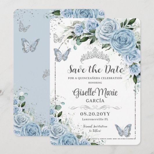 Baby Blauw Bloemen Zilver Quinceañera Vlinders Save The Date (Voorkant / Achterkant)