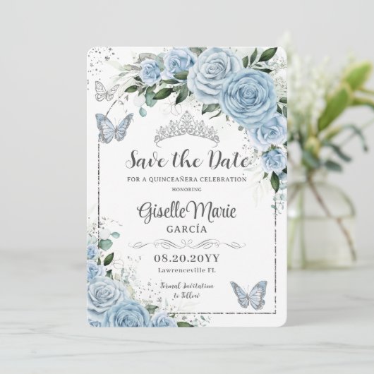 Baby Blauw Bloemen Zilver Quinceañera Vlinders Save The Date (Staand voorkant)