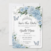Baby Blauw Bloemen Zilver Quinceañera Vlinders Save The Date (Voorkant)