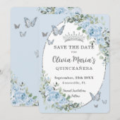 Baby Blauw Bloemen Zilveren Vlinders Quinceañera Save The Date (Voorkant / Achterkant)
