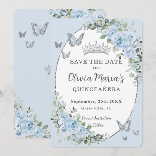 Baby Blauw Bloemen Zilveren Vlinders Quinceañera Save The Date (Voorkant / Achterkant)