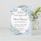 Baby Blauw Bloemen Zilveren Vlinders Quinceañera Save The Date (Staand voorkant)