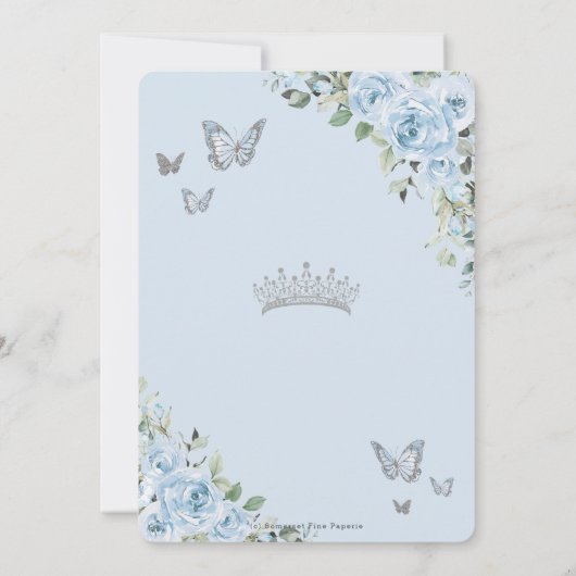 Baby Blauw Bloemen Zilveren Vlinders Quinceañera Save The Date (Achterkant)