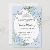 Baby Blauw Bloemen Zilveren Vlinders Quinceañera Save The Date (Voorkant)