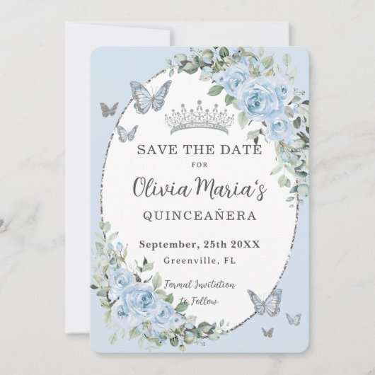 Baby Blauw Bloemen Zilveren Vlinders Quinceañera Save The Date (Voorkant)