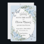 Baby Blauw Bloemen Zilveren Vlinders Quinceañera Save The Date<br><div class="desc">Personaliseer deze baby blauwe bloemenquinceañera / Sweet 16 / Cincoañera birthday bewaar de datum gemakkelijk en snel. Klik op de knop verder aanpassen om de teksten te bewerken, lettertypen en lettertypekleuren te wijzigen. Met prachtige waterverf babyblauwe bloemen, zilveren en blauwe vlinders en een zilveren prinsessenkroon. Overeenkomende objecten beschikbaar in de...</div>