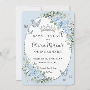 Baby Blauw Bloemen Zilveren Vlinders Quinceañera Save The Date