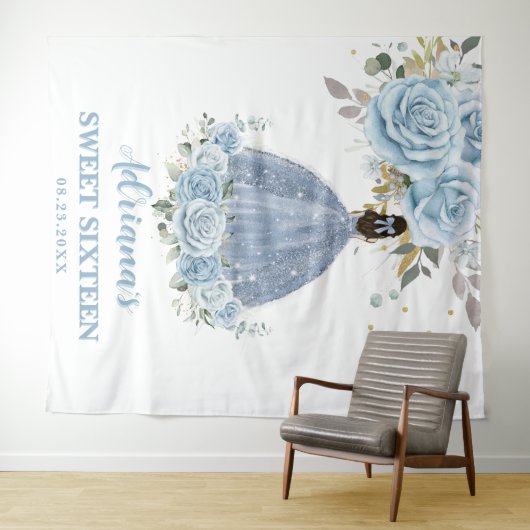 Baby Blauw Bloemen Zoet 16 Zestien Verjaardag Quin Wandkleed (In Situ (horizontaal))