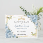 Baby Blauw Bloemen Zoet Zestien Kwintvlinders Save The Date (Staand voorkant)