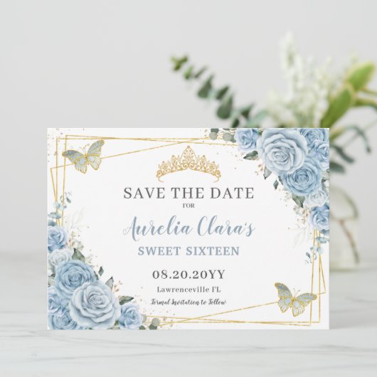 Baby Blauw Bloemen Zoet Zestien Kwintvlinders Save The Date (Staand voorkant)