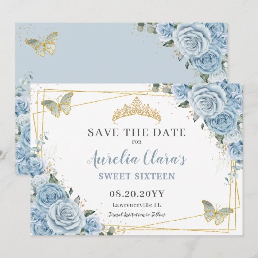 Baby Blauw Bloemen Zoet Zestien Kwintvlinders Save The Date (Voorkant / Achterkant)