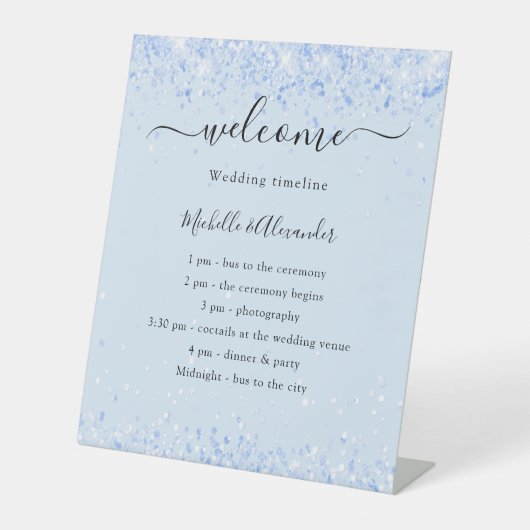 Baby blauw bruiloft programma reclamebord met voetstuk (Voorkant)
