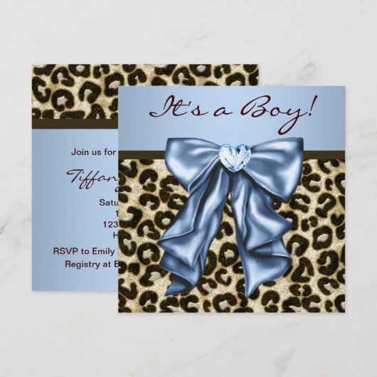 Baby Blauw Bruin Luipaard Baby Boy Douche Kaart (Voorkant / Achterkant)