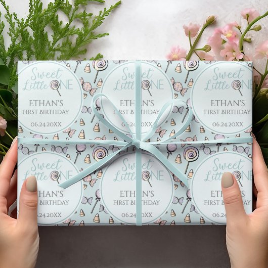 Baby Blauw Eerste 1e Verjaardag Snoep Thema Cadeaupapier