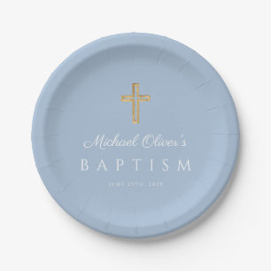 Baby Blauw Elegant Religieus Kruis Jongen Doop Papieren Bordje