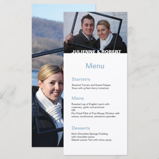 Baby Blauw Elegante Moderne Foto Trouwmenu Menu (Voorkant / Achterkant)