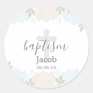 Baby Blauw en Ivoor Bloemen Baby Doop Ronde Sticker