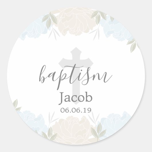 Baby Blauw en Ivoor Bloemen Baby Doop Ronde Sticker (Voorkant)