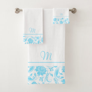 Baby-blauw en wit damast monogram bad handdoek