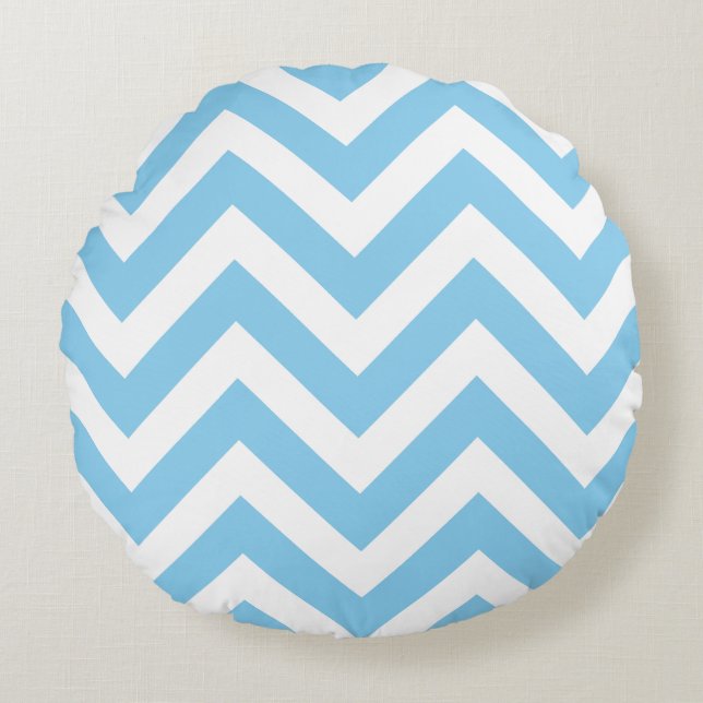 Baby blauw en wit groot formaat Chevron Stripes Rond Kussen (Voorkant)