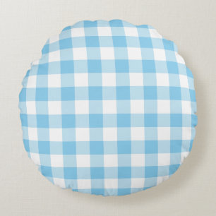 Baby Blauw en Wit Grote Grootte Gingham Checks Rond Kussen