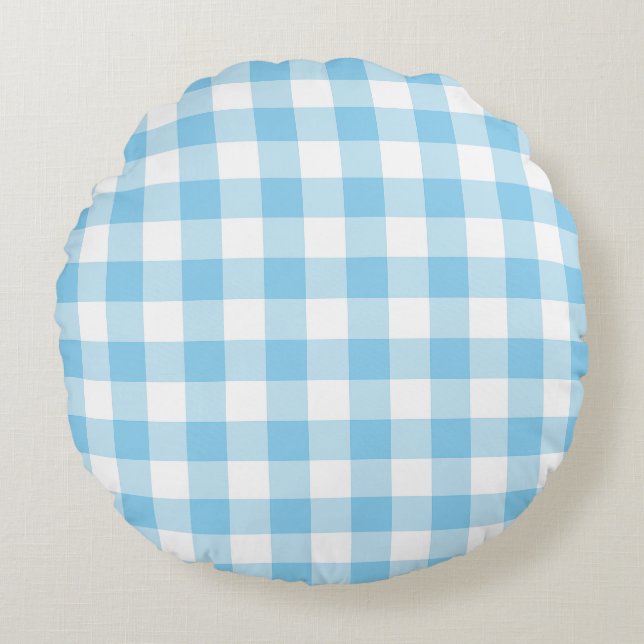 Baby Blauw en Wit Grote Grootte Gingham Checks Rond Kussen (Voorkant)