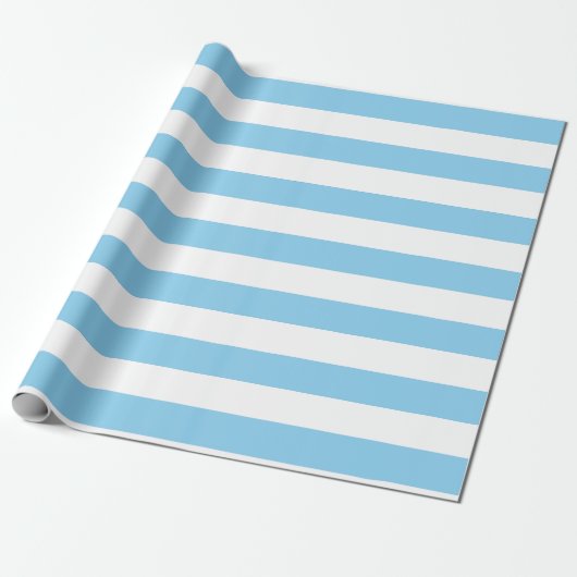 Baby Blauw en Wit Grote Grootte Horizontale Strepe Cadeaupapier (Uitgerold)