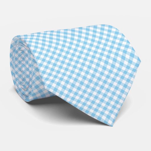 Baby Blauw en Wit Medium Diagonal Gingham Checks Stropdas (Opgerold)