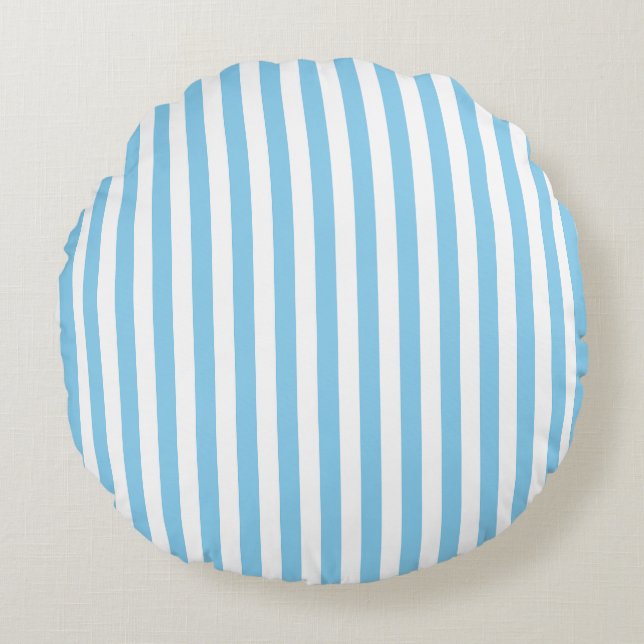 Baby Blauw en Wit Medium Size Stripes Rond Kussen (Voorkant)