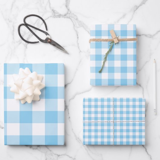 Baby Blauw en Wit Verschillende Maten Gingham Chec Inpakpapier Vel (Voorkant)