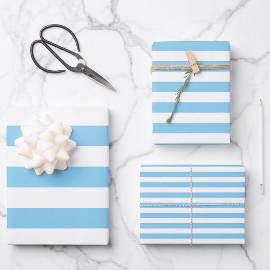 Baby Blauw en Wit Verschillende Maten Horiz. Strip Inpakpapier Vel (Voorkant)